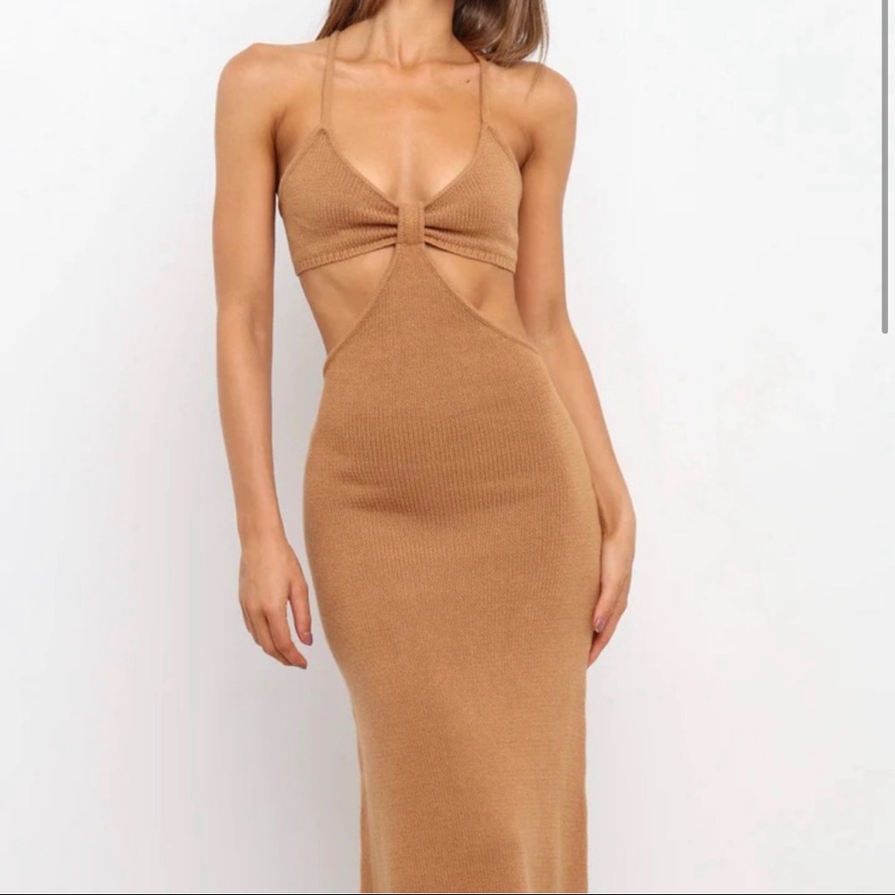 Petal & Pup cutout knit camel dress